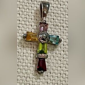 Sterling Silver Multicolored Gemstone Petite Cross Pendant